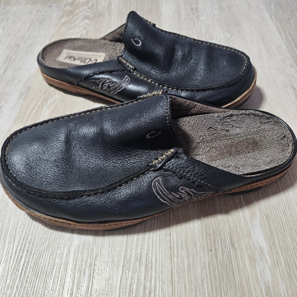 OluKai Kono Leather Mule Clogs Slip-On Loafers Moc Toe Black Men's 8.5 / Eur 42